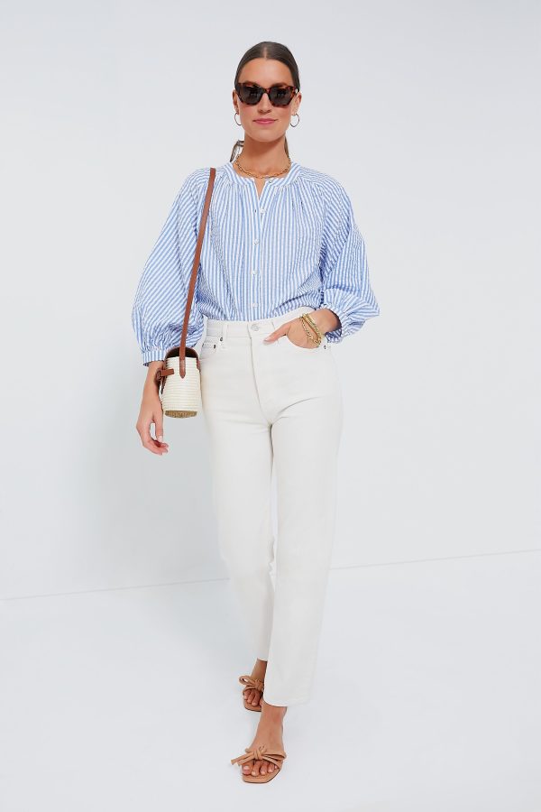 Blue and White Stripe Seersucker Tallie Top For Cheap