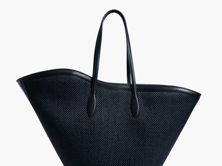 Black Raffia and Leather Open Tulip Large Tote Cheap