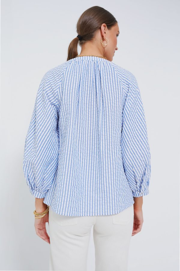 Blue and White Stripe Seersucker Tallie Top For Cheap