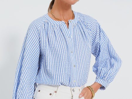 Blue and White Stripe Seersucker Tallie Top For Cheap