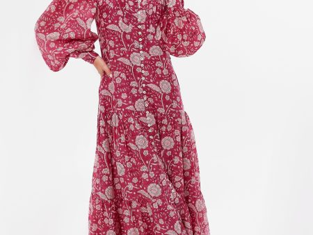 Magenta Mulberry High Neck Button Maxi Dress Cheap