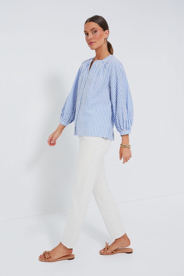 Blue and White Stripe Seersucker Tallie Top For Cheap