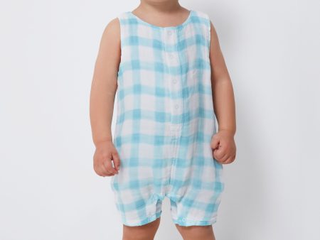 Blue Painted Gingham Shortie Romper For Cheap