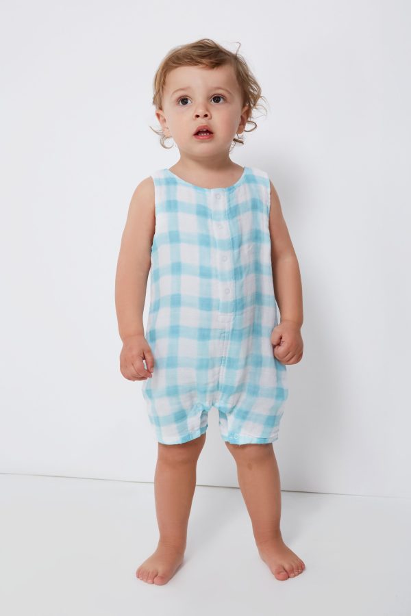 Blue Painted Gingham Shortie Romper For Cheap