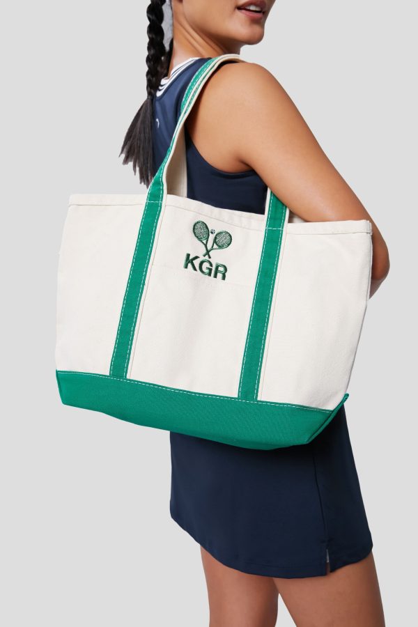 Green Embroidered Tennis Racket Boat Tote Online Sale