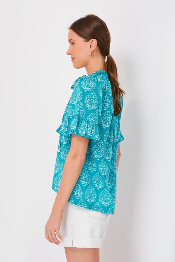 Tropical Teal Lantern Block Print Cassis Top Online now