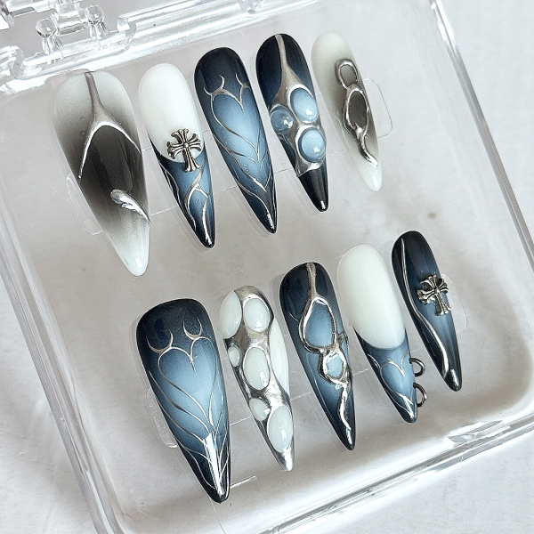 Black silver hand painted love French stiletto nails-XHS197 Supply