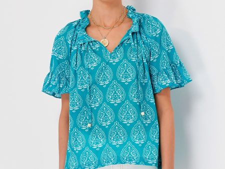 Tropical Teal Lantern Block Print Cassis Top Online now