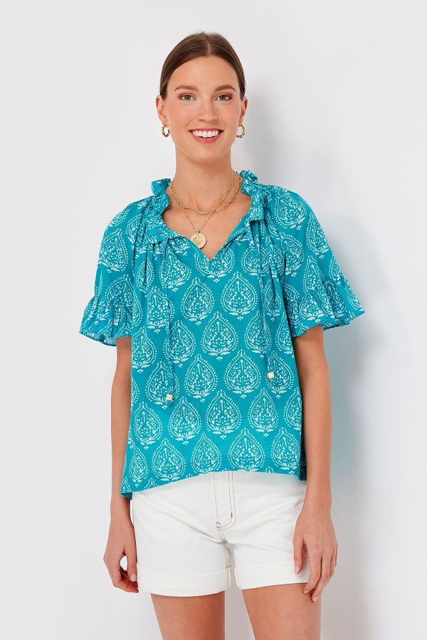 Tropical Teal Lantern Block Print Cassis Top Online now