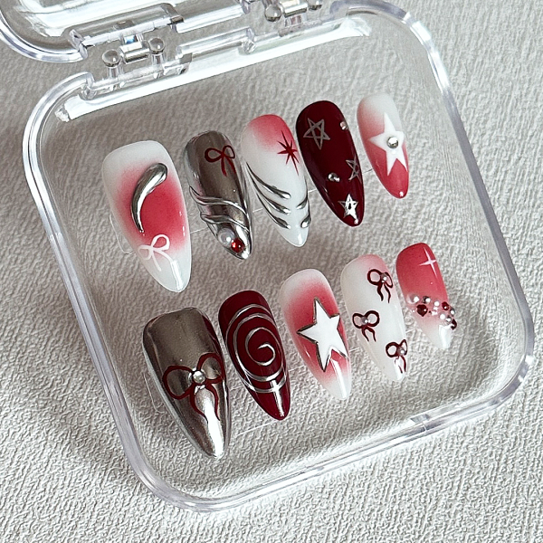 Red Metal Silver Star Bow Almond Nails-XHS204 Fashion