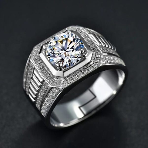 Hallmarked Elegant Silver Ring With Classic Diamond For Men Online