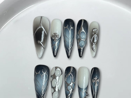 Black silver hand painted love French stiletto nails-XHS197 Supply