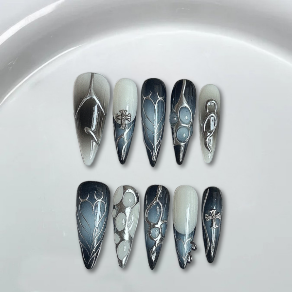 Black silver hand painted love French stiletto nails-XHS197 Supply