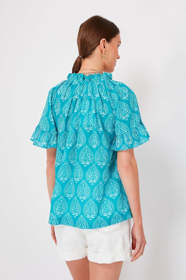 Tropical Teal Lantern Block Print Cassis Top Online now