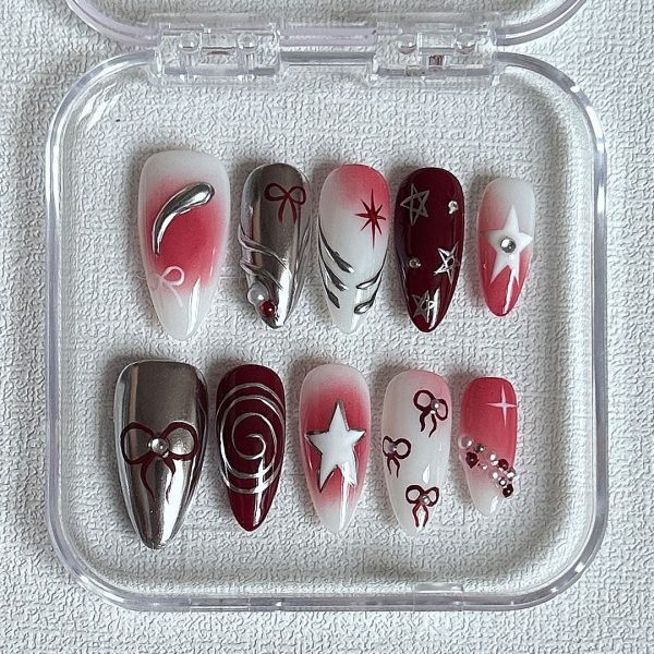 Red Metal Silver Star Bow Almond Nails-XHS204 Fashion