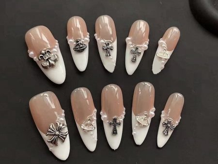 White Pearl French Almond Nails-XHS226 Discount