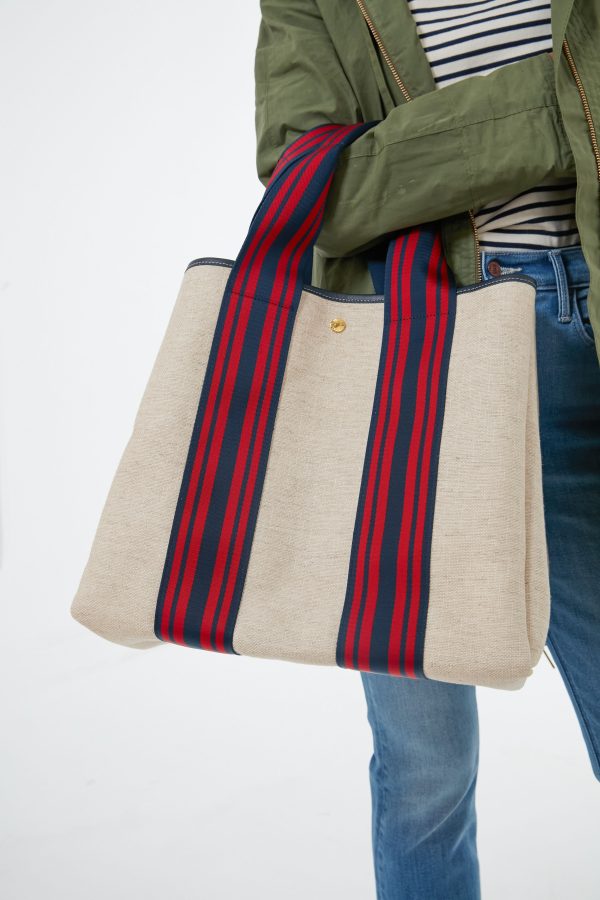 Navy and Red Equestrian Traversee L Linen Tote Hot on Sale