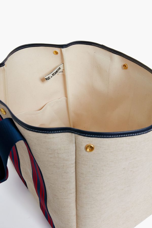 Navy and Red Equestrian Traversee L Linen Tote Hot on Sale