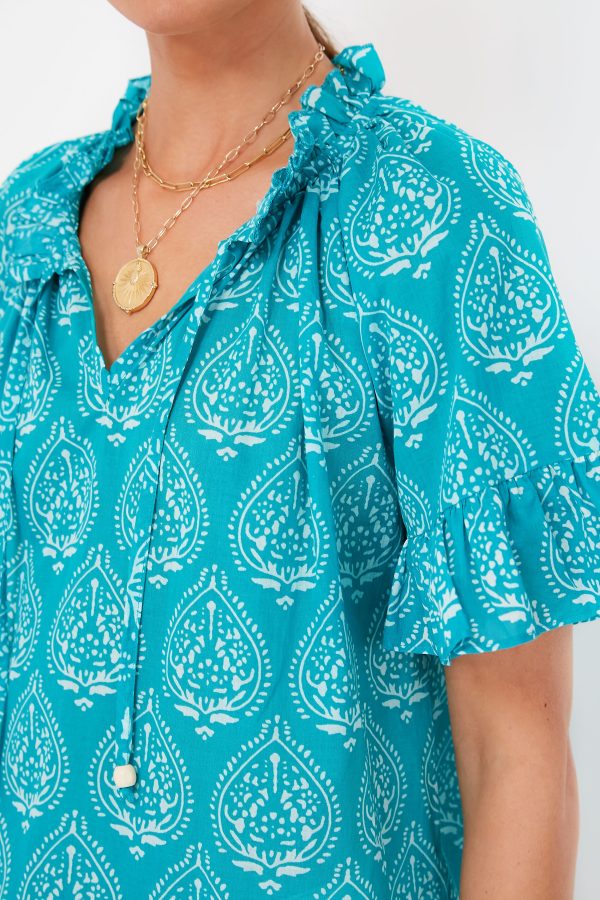 Tropical Teal Lantern Block Print Cassis Top Online now