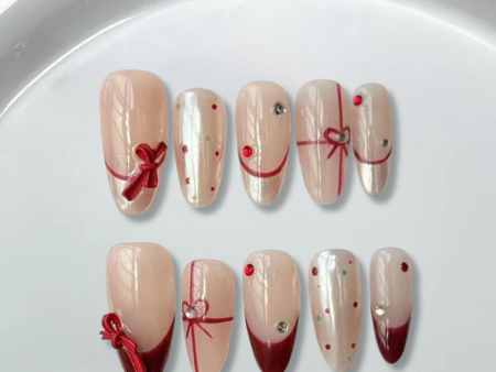 Red french dot bow Almond nails-YL012 Discount